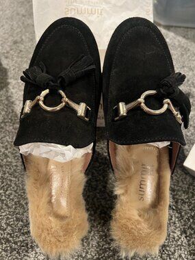 NIB Summit by White Mountain Abelle Black Suede Faux Fur Mules sizes vary